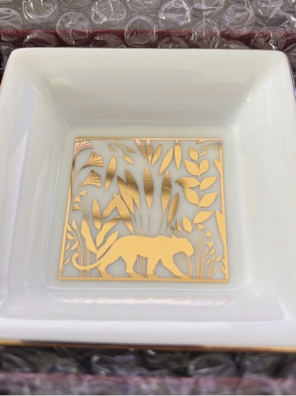 Cartier White Porcelain Dish with Gold Jungle Cat Motif